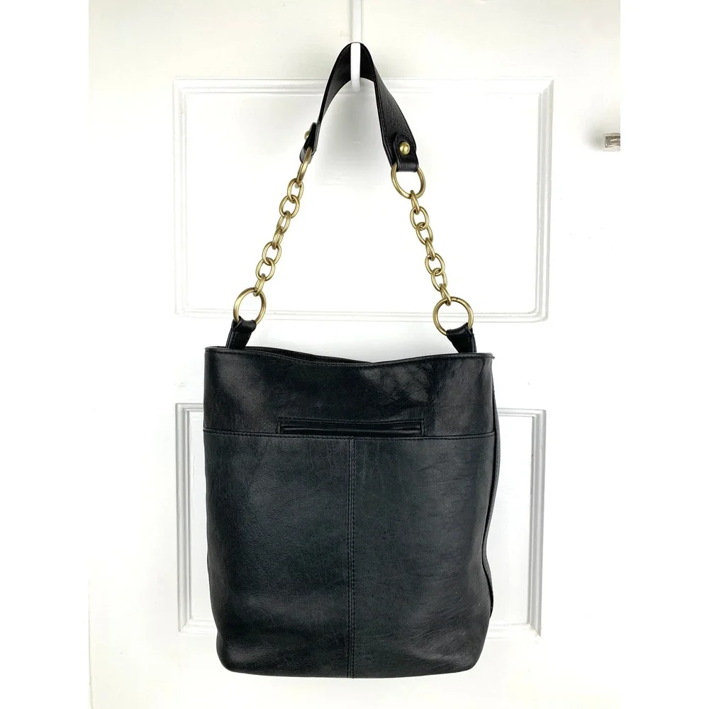 Laundry by Shelli Segal Black Leather Hobo Bucket Purse Gold Chain Strap Medium